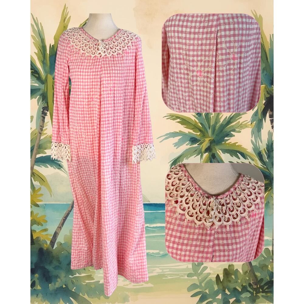 Vintage 70s Hilda Hawaii Pink Gingham Lace Collar Midi Muu Muu Size L